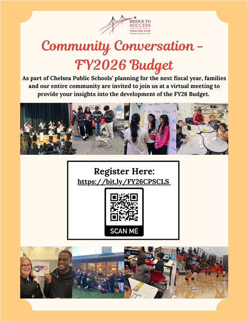 Image advertising a community conversation about the FY2026 budget for Chelsea Public Schools
